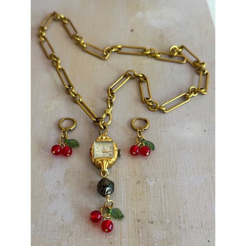 Victorian Raw Brass Necklace w/ Vintage Watch‎ & Cherry Earrings Set